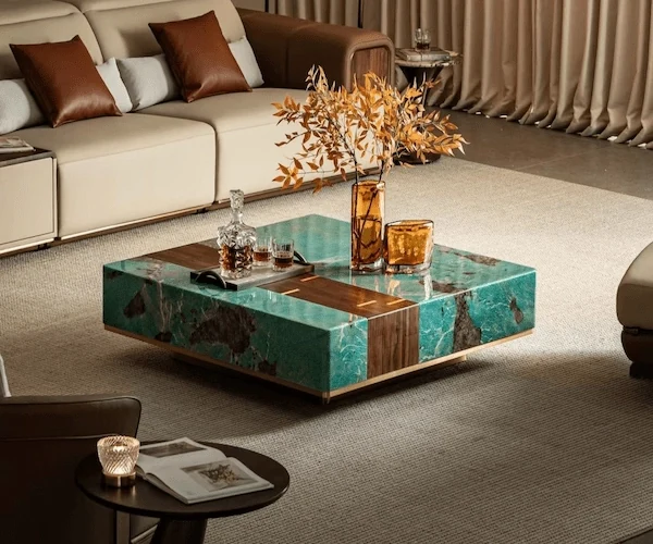 3D visualization of an Amazon Green Quartzite coffee table concept in a contemporary living room