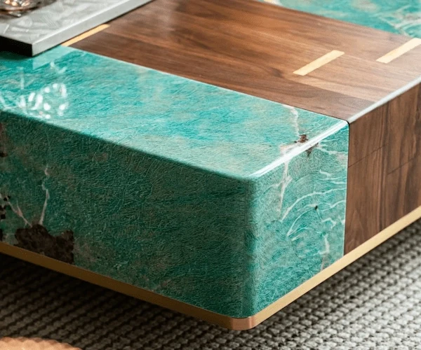 3D visualization of an Amazon Green Quartzite coffee table corner with a wood inlay detail