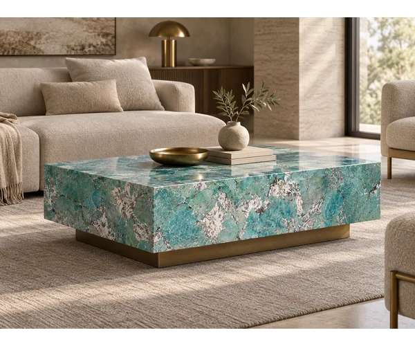 3D visualization of a turquoise-green quartzite coffee table concept in a refined lounge interior