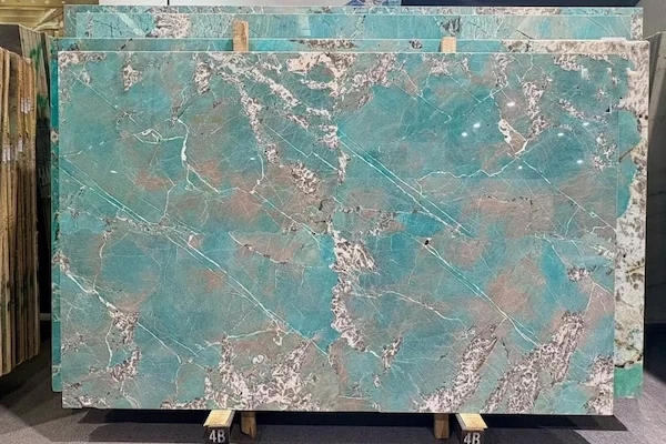 Amazon Green Quartzite slab with turquoise blue-green mineral movement shown for slab review