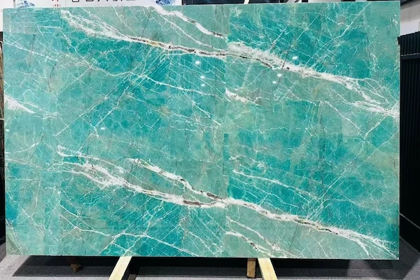 Amazon Green Quartzite slabs arranged in a factory bundle for material selection review