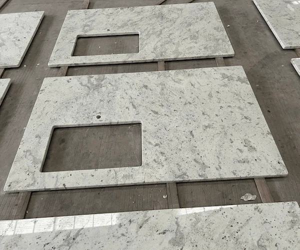 Andromeda White Granite Kitchen Top sink and faucet cut-out layout shown as a supplied fabrication reference