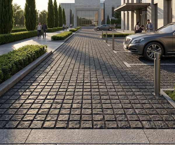 Angola Black Granite granite cube stone application rendering for a driveway design