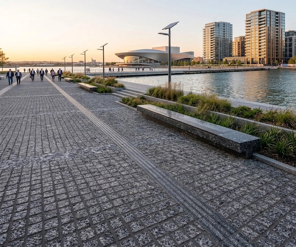 Angola Black Granite granite cube stone application rendering for a pedestrian walkway design