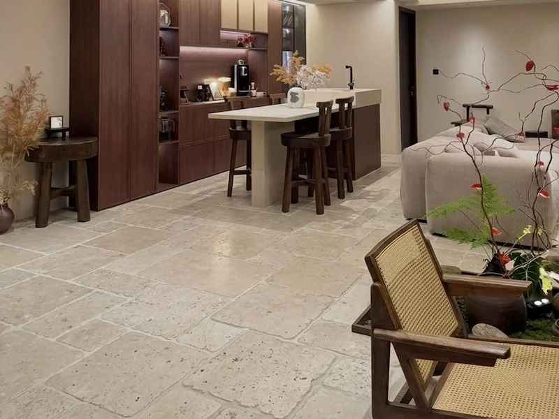 Beige Limestone Ashlar Floor Tile in a supplied interior flooring application image, showing a light-beige ashlar-style multi-format layout
