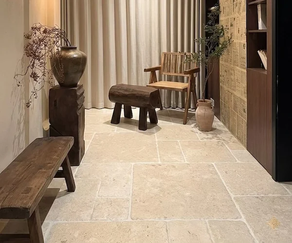 Beige Limestone Ashlar Floor Tile installed floor shown in a supplied interior flooring reference image