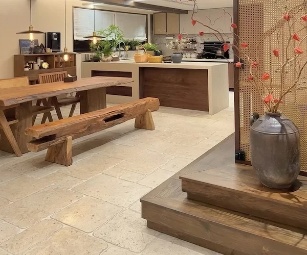 Beige Limestone Ashlar Floor Tile ashlar-style stone floor shown in a supplied interior application reference