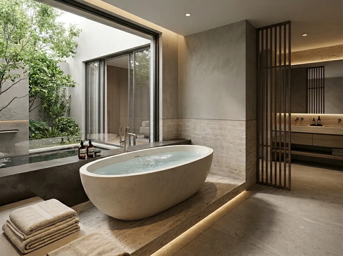 Architectural Design Visualization of a beige limestone freestanding bathtub in a contemporary bathroom