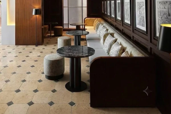 Beige Limestone Floor Tile beige and cream geometric floor pattern shown in a supplied interior reference