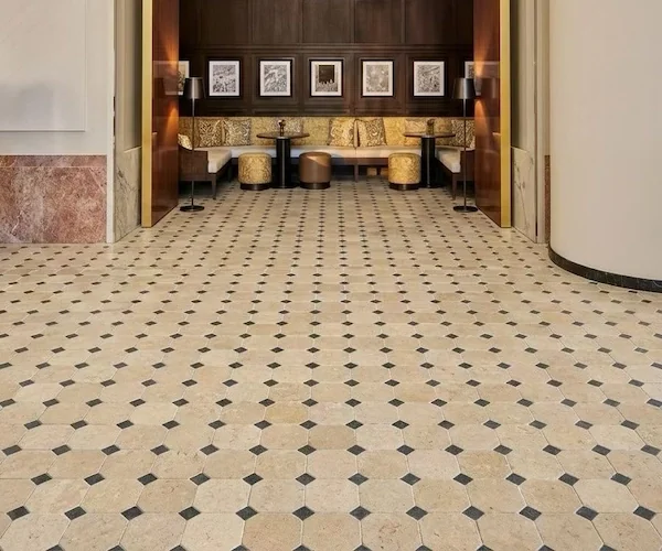 Beige Limestone Floor Tile patterned floor field shown in a supplied material application reference