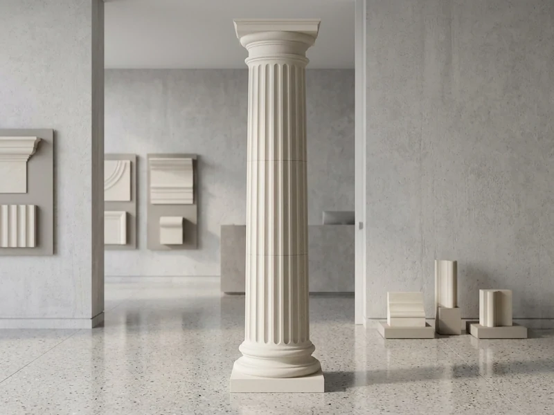 Beige Limestone fluted classical column with round base and capital in an interior-style presentation