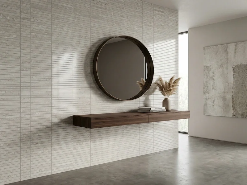 Beige Limestone Linear Mosaic shown in a supplied interior wall application reference with fine beige strip modules