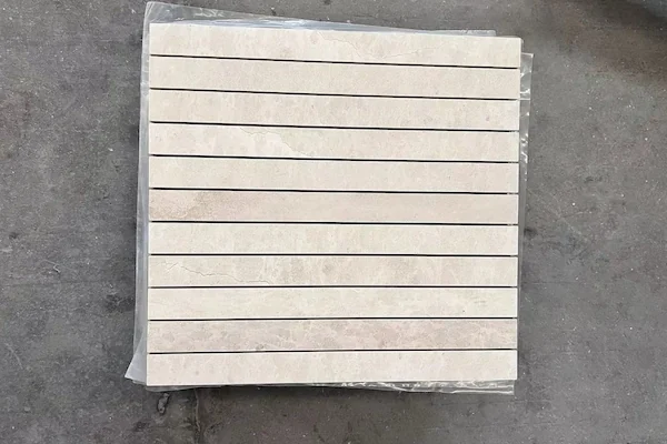 Beige Limestone Linear Mosaic module arrangement shown in a supplied linear sheet dry-lay image