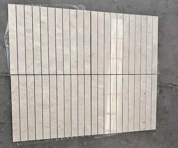 Beige Limestone Linear Mosaic sheets shown in a supplied mesh-backed sheet reference image