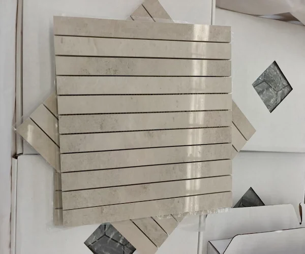 Beige Limestone Linear Mosaic modules shown in a supplied layout alignment reference image