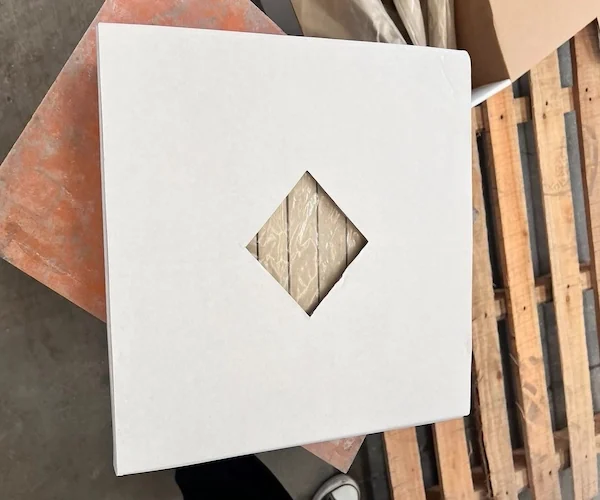 Beige Limestone Linear Mosaic mosaic arrangement shown in a supplied pre-shipment layout reference image
