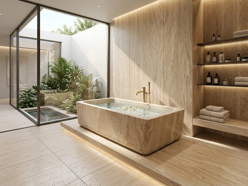Architectural Design Visualization of a rectangular beige limestone freestanding bathtub in a contemporary bathroom