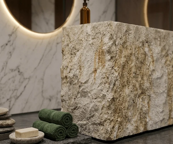 3D visualization of a beige limestone reception counter with a textured front in an interior concept