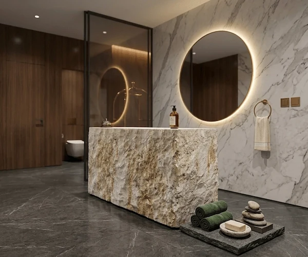 3D visualization of a beige limestone reception desk in a contemporary lobby concept