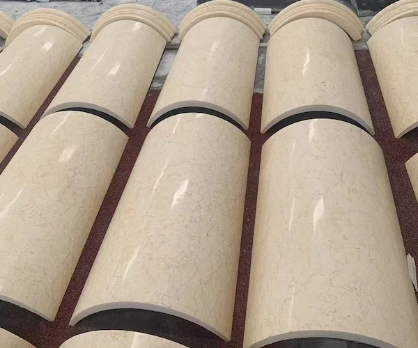 Polished Beige Marble cylindrical column shaft components in a factory layout