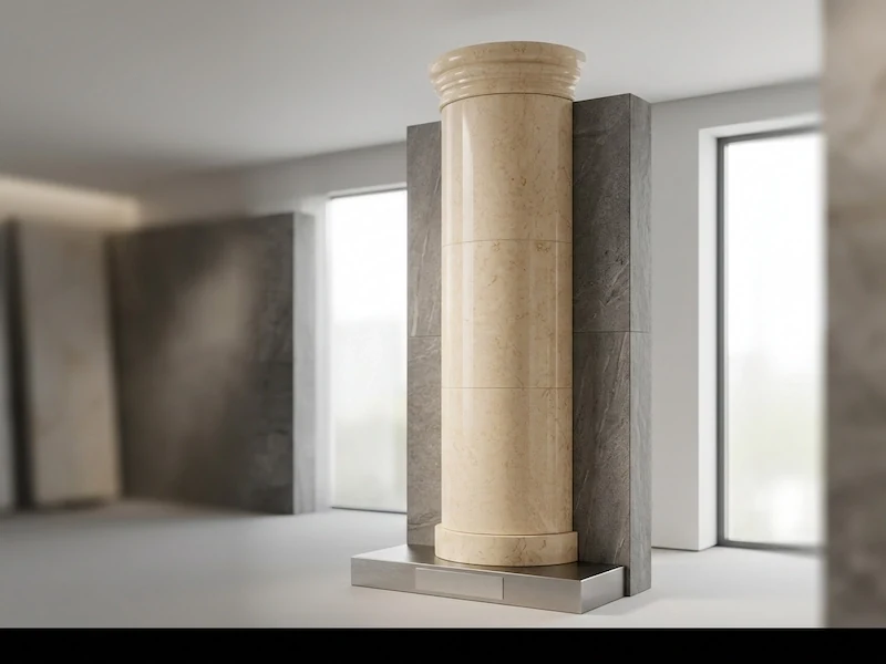 Polished Beige Marble classical column with a rounded shaft, base and capital in an interior-style presentation