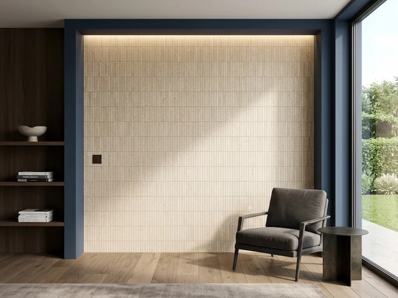 Beige Travertine Linear Mosaic shown in a supplied interior application visualization with 300 x 100 mm honed strip modules