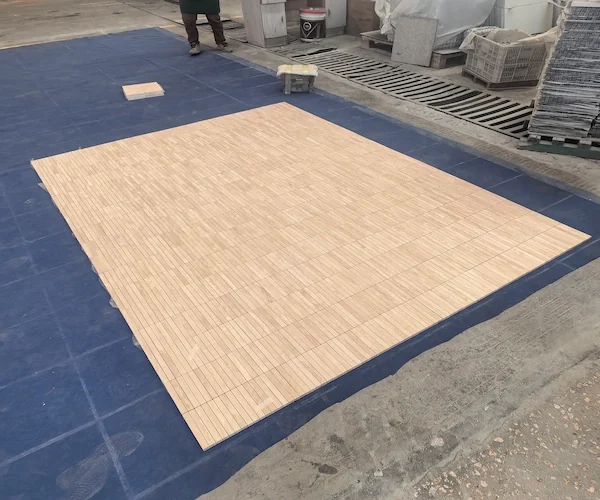 Beige Travertine Linear Mosaic tiles shown in a supplied dry-lay alignment check reference image