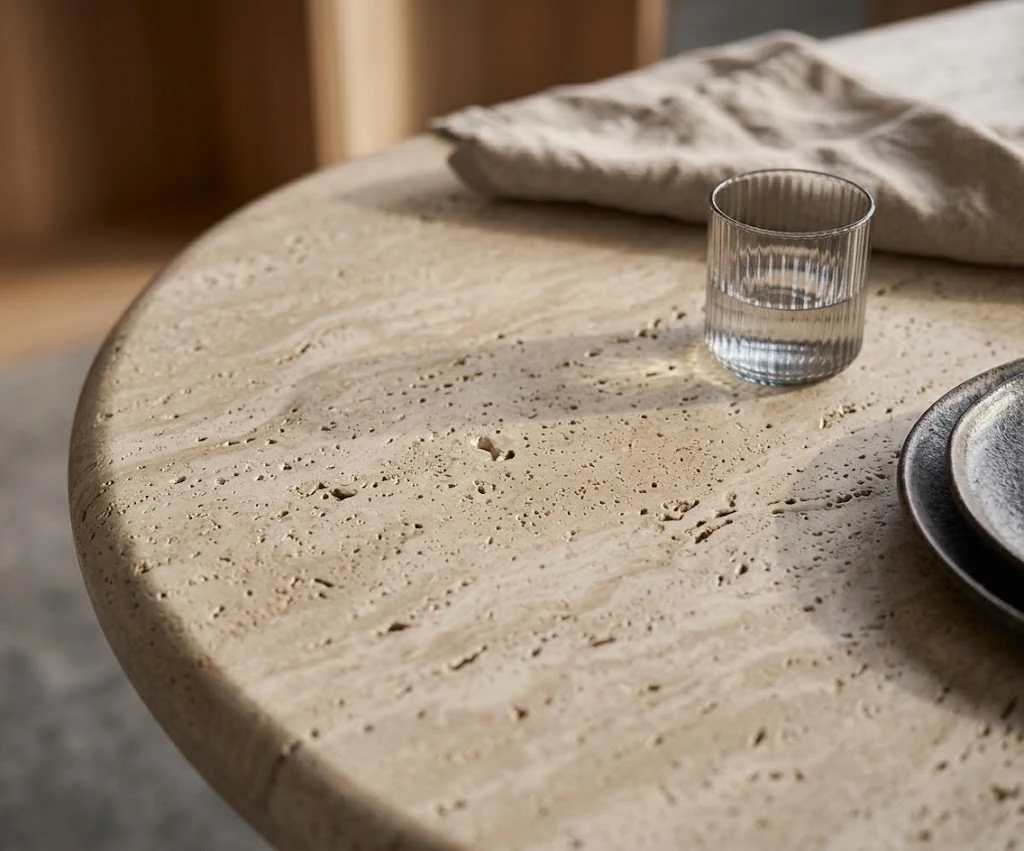 3D visualization of a beige travertine oval dining table in a minimalist interior concept