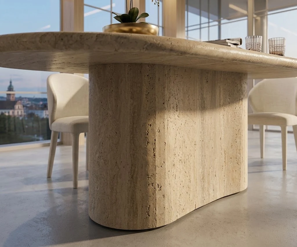 3D visualization of an oval travertine dining table in a contemporary dining room concept
