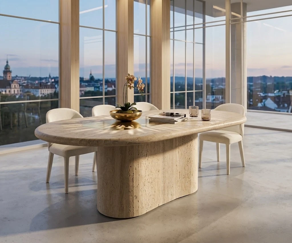 3D visualization of a beige travertine oval dining table in a city-view dining concept