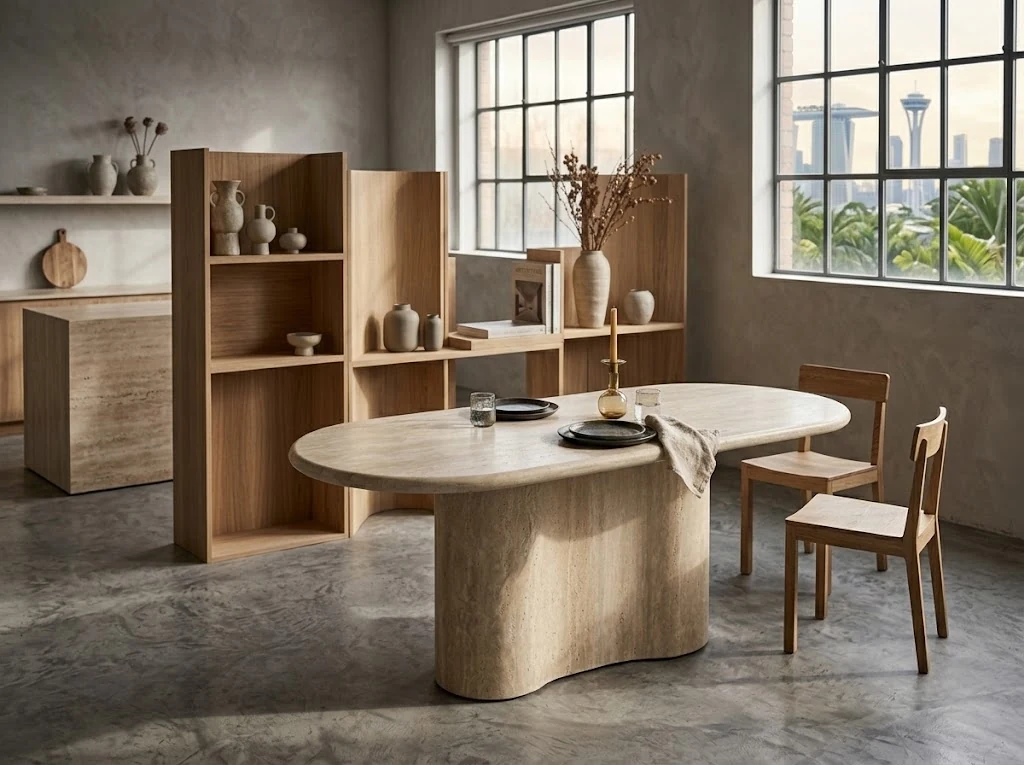 Oval beige travertine dining table with a rounded stone base in a contemporary dining room