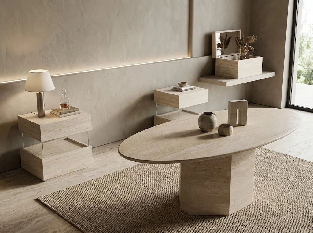 3D visualization of an oval beige travertine pedestal coffee table in a calm living room concept