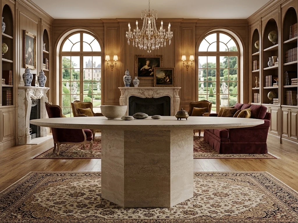 3D visualization of a low oval travertine coffee table in a formal lounge concept