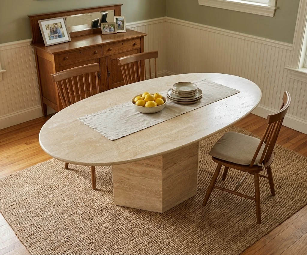 3D visualization of a beige travertine oval pedestal coffee table in a dining-lounge concept