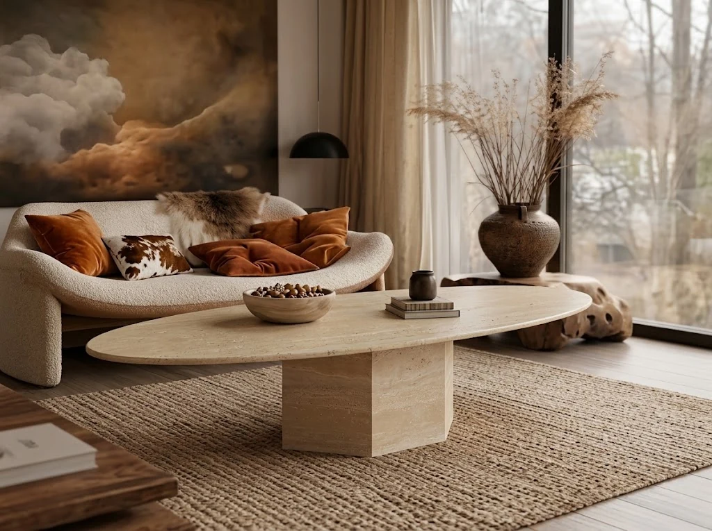 Low oval beige travertine coffee table with a geometric pedestal in a warm living room