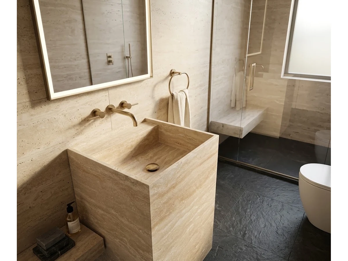 3D visualization of a rectangular travertine pedestal vanity in an industrial minimalist bathroom concept