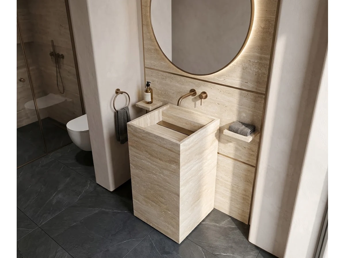 3D visualization of a cubic travertine pedestal vanity in a primary bathroom concept