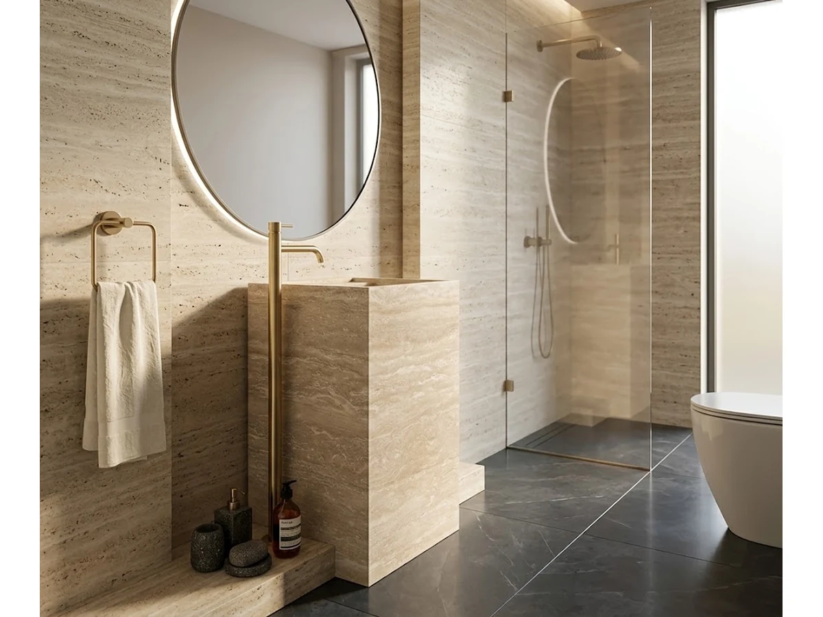 3D visualization of a rectangular natural stone washbasin in a contemporary showroom bathroom concept