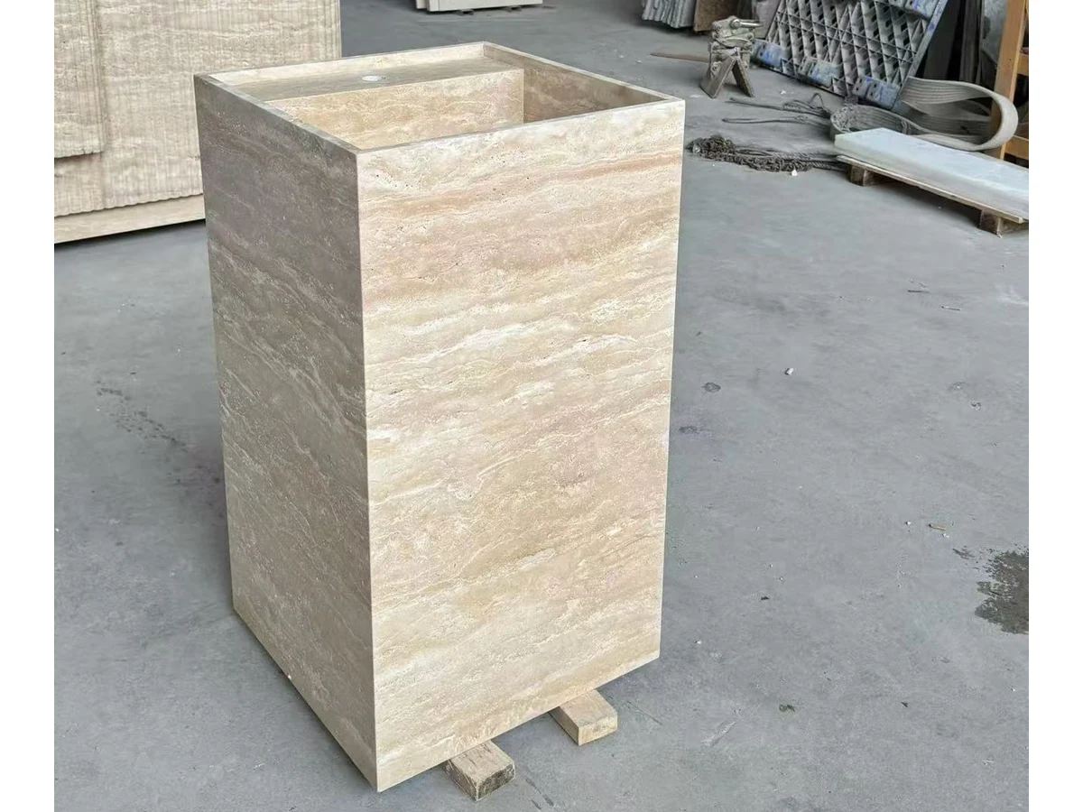 Rectangular travertine pedestal vanity basin dimensions checked during workshop fabrication