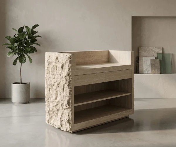 3D visualization of a split-face beige travertine reception desk in an organic interior concept