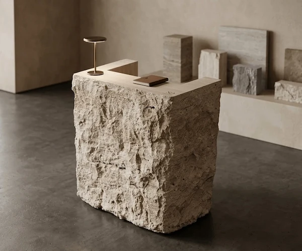 3D visualization of a textured travertine reception counter in a contemporary workspace concept