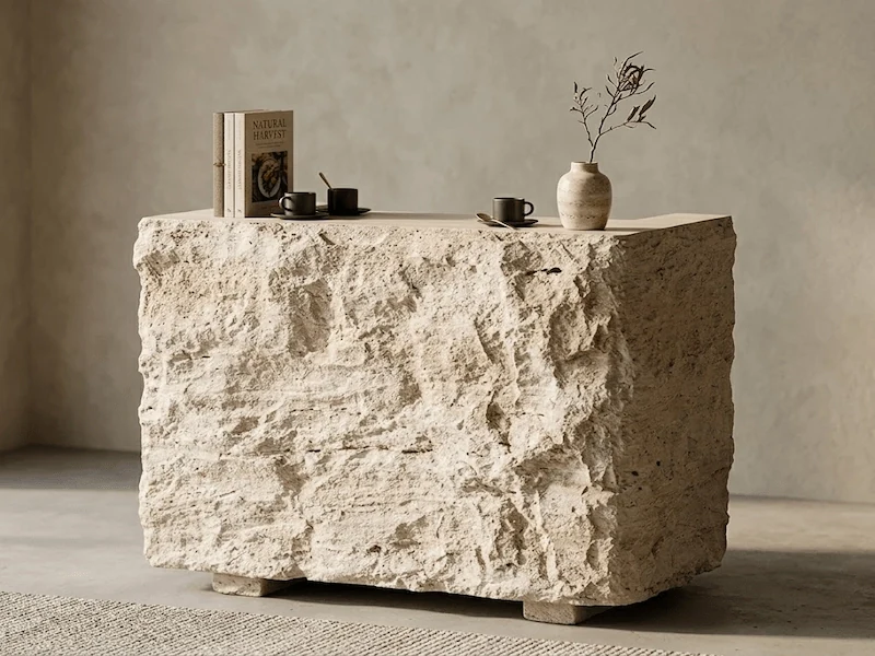 Beige travertine reception desk with a deeply textured split-face front, smooth counter and internal carcase