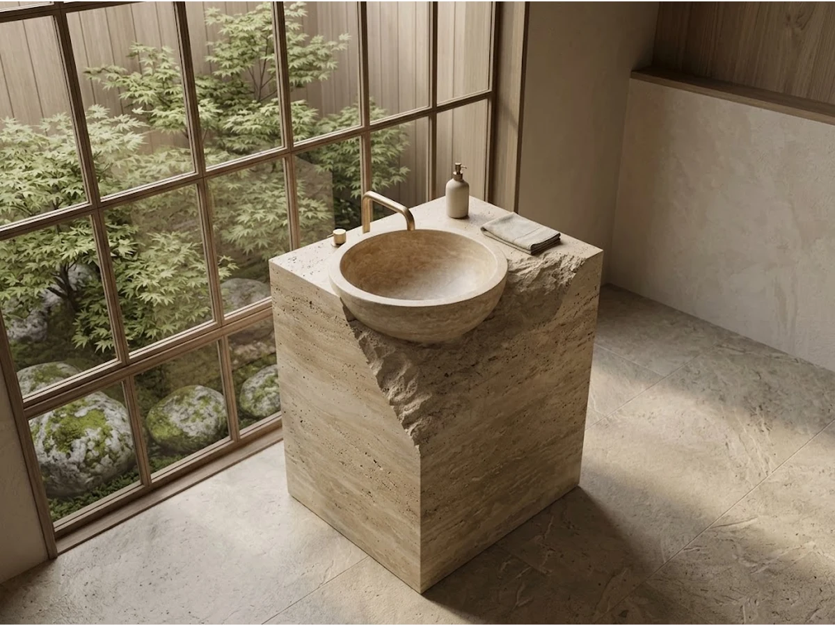3D visualization of a split-face travertine vanity in an organic modern bathroom concept