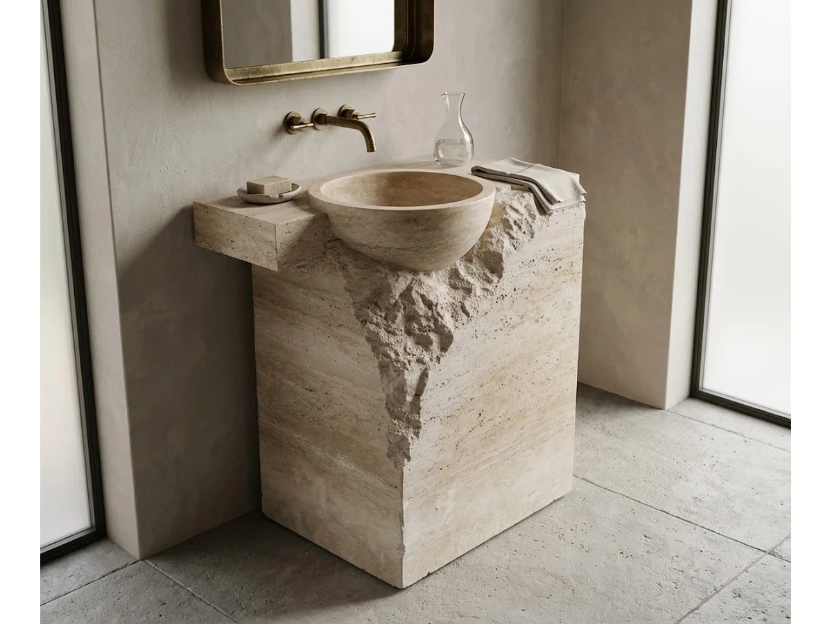 3D visualization of a wall-mounted travertine vanity in a hotel powder room concept