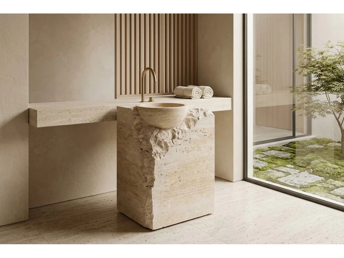 3D visualization of a beige travertine split-face vanity in a minimalist bathroom concept