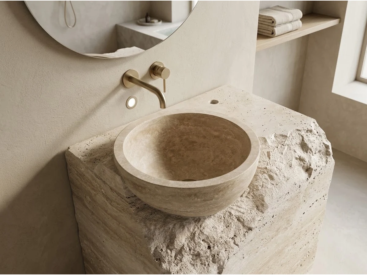 Wall-mounted beige travertine vanity with an integrated basin and a natural split-face front edge