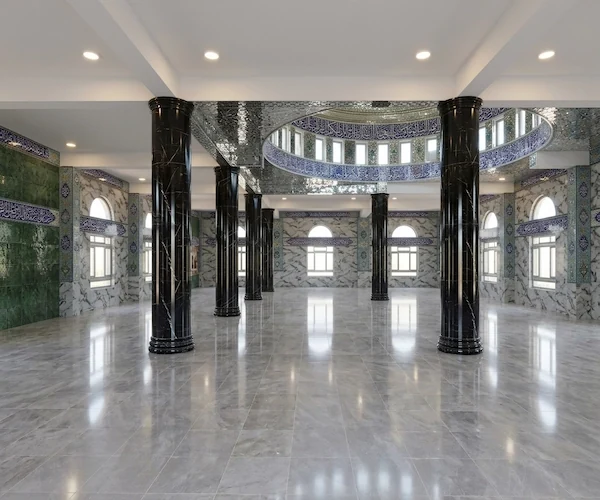 Polished Black Marble columns in a supplied interior reference with reflective flooring