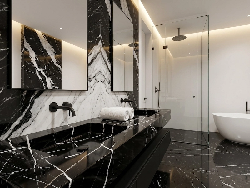 Supplied bathroom reference of a black Nero Marquina marble vanity with white veining, basin and countertop