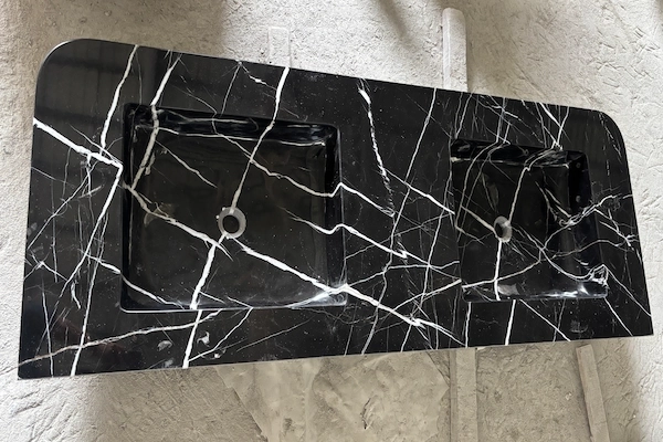 Supplied Nero Marquina black marble slab reference arranged for veining selection and matching review