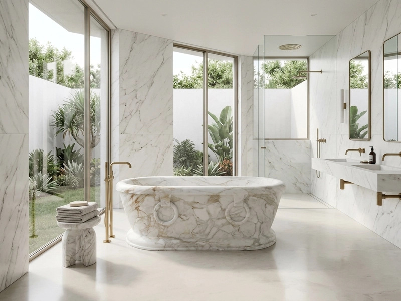 Architectural Design Visualization of a hand-carved Calacatta Gold marble freestanding bathtub